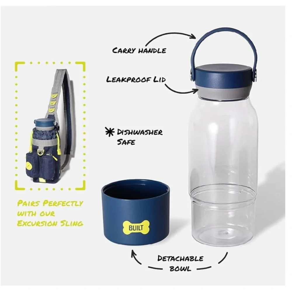BUILT Pet 34oz Tritan Travel Water Bottle with 12oz Bowl Navy Clear
